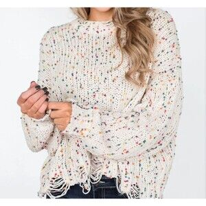 Rue21 Distressed Confetti Knitted Sweater Cream XS